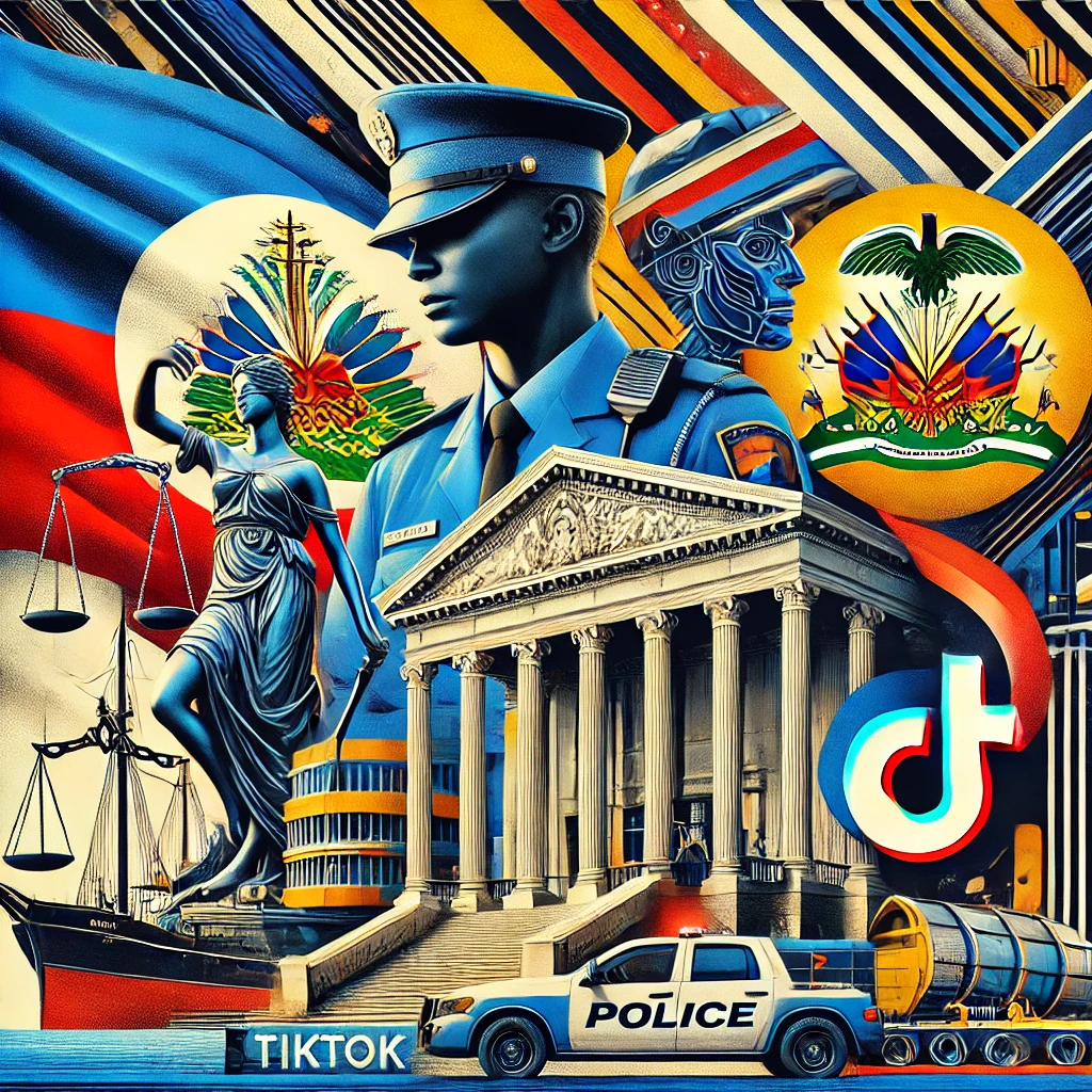 A-visually-striking-collage-representing-Haitian-police-officers-a-courthouse-a-port-the-Haitian-and-Colombian-flags-and-a-TikTok-logo.-The-compos